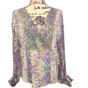Anthropologie Odetta Blouse Top S Embroidered Floral Purple Multicolor Popover